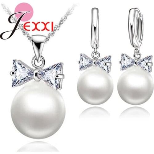 Hot Sell Earrings Necklace Crystal Pearl Jewelry Set 925 Sterling Silver Pearl Crystal Bow Tie Hoop Earrings Necklace Set