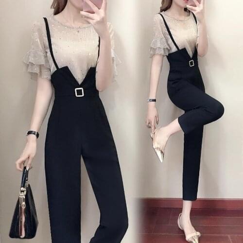 Chiffion Women Short Sleeve O-neck Crop Top High Waist Pants 2 Piece Set for Female Women Tops Pants Womens Casual Suits Z13