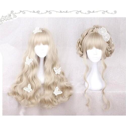 Lolita girl Long Curly Blonde Bangs Cute wavy Party Lady Cosplay women Hair Wig D048