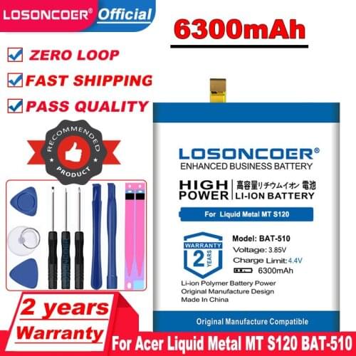 LOSONCOER 6300mAh BAT-510 Battery For Acer Liquid Metal MT S120 BAT-510 (1/CP6/65/85) SP516485SF-C BT.0010S.001 +Free tools