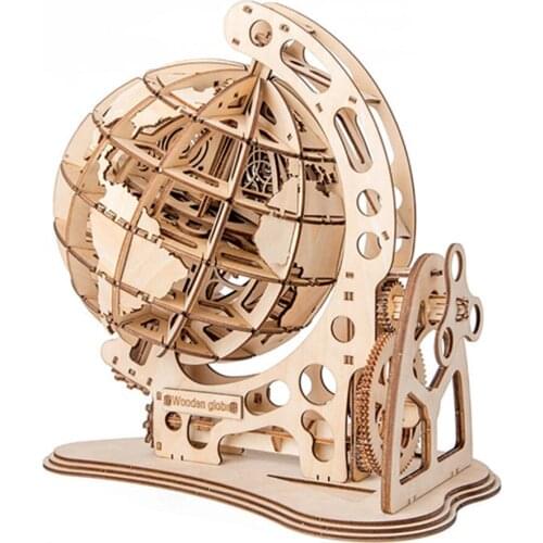 Wooden Globe Puzzle 3D DIY Mechanical Drive Model Transmission Gear Rotate Assembling Puzzles for Toys Adults