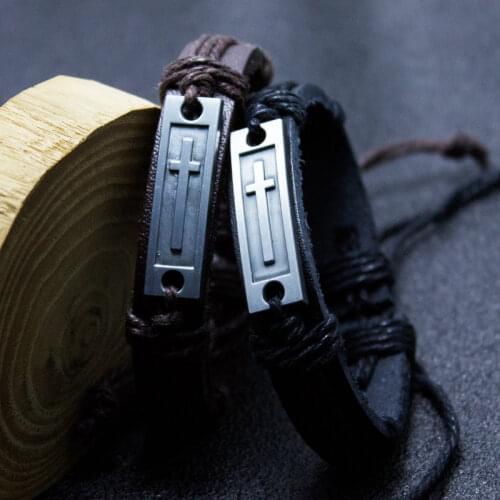 2021 Fashion Men Jewelry Vintage Leather Bracelets & Bangles Metal Cross Jesus Bracelet Adjustable Wax Cord Brown Black