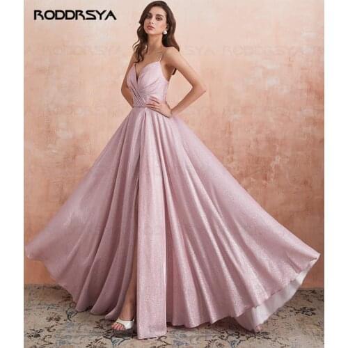 2020 V-neck Blue Sparkly Prom Dress Side Split Evening Dress Spaghetti Straps Lace Up Back Floor Length A Line Party Gowns