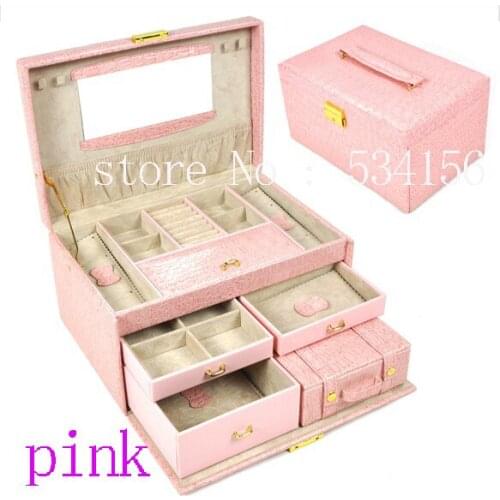 Earrings jewelry packaging display box gift box 3 layers pink luxurious leather jewelry box (28.5 * 19 * 16 cm)Free shipping