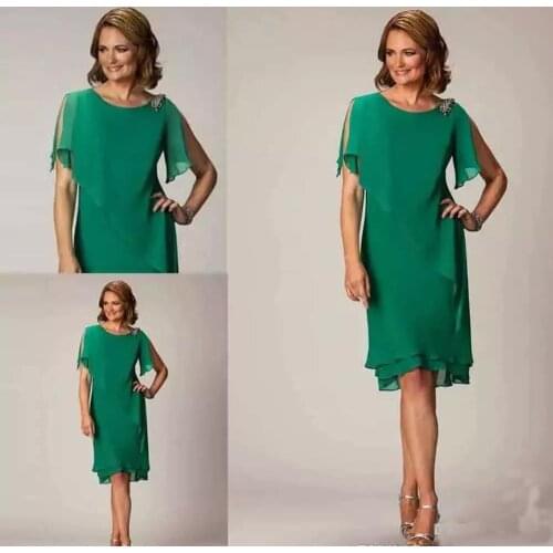 Simple Green Tea Length Mother of the Groom Dresses Short Sleeve Crystal Wedding Guest Dress Ladies Mother of the Bride Dresses