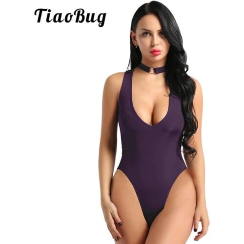 TiaoBug Women One-piece See Through Sheer Lingerie Necklace Collar High Cut Crotchless Thong Leotard Hot Sexy Bodysuit Swimsuit
