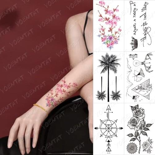 Waterproof Temporary Tattoo Sticker Flower Leaf Crown Letter Coconut Tree Flash Tatoo Arrow Body Art Hand Fake Tatto Women Kids
