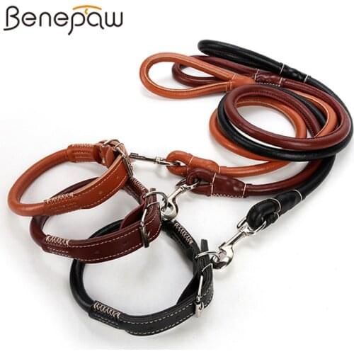 Benepaw Strong PU Leather Dog Collar Leash Set Durable Heavy-duty Non-slip Medium Large Pet Collar Lead Comfortable Adjustable