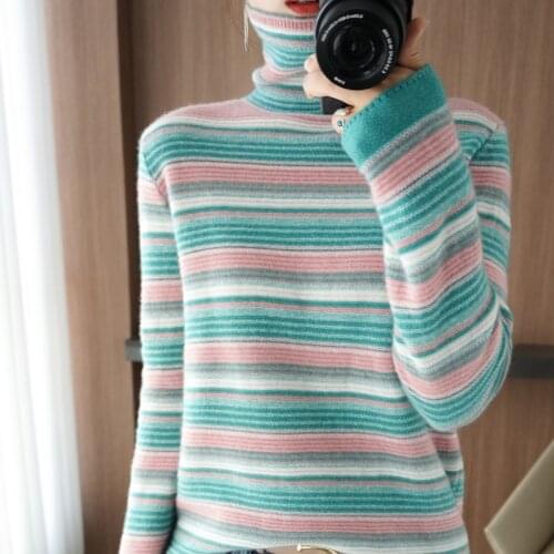 2021 autumn and winter new cashmere sweater women 100% pure wool high neck pullover casual striped knitted tops ladies jacket