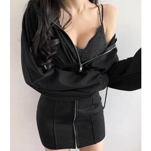 Woman Autumn Solid Black and Grey 2 Color Zipper Casual Dress Hoodies Bodycon Lantern Sleeve High Street Korean Style Clothes