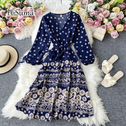 2021 spring new womens chic V-neck long sleeve flower print lace-up chiffon beach dress female elegant A-line dresses