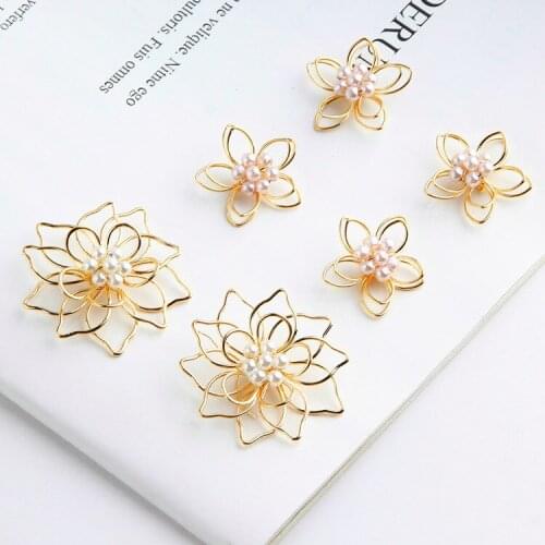 DIY Jewelry Accessories Material Copper Minimalist Hollow Three-dimensional Pearl Flower Pendant Earrings Handmade 2pcs