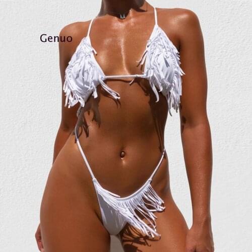 2021 Sexy Black White Tassel Bikini Set Women Swimsuit Push Up Bathing Suit Micro Swimwear Female Swimming Suit Bather Biquini