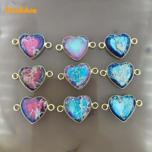 3pcs Natural Stone Emperor Stone Heart Shaped Pendants Gold Diplopore Connector Charm Woman Jewelry Necklace Bracelet Making DIY