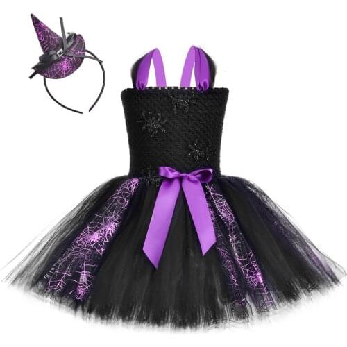 Girls Halloween Spider Witch Tutu Dress Black & Purple Fancy Girl Carnival Party Dress Tulle Kids Spiderweb Wizard Witch Costume