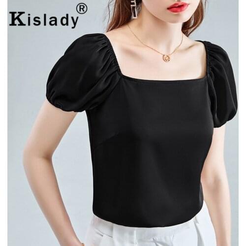 Kislady Sexy OL Womens Square Collar Puff Sleeve T-shirt For Summer Black Red Slim Basic Womens Tops Harajuku Korean Clothes