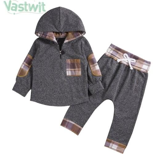 Newborn Baby Girl Boy Clothes Set Plaid Print Hoodie Patchwork Tops Sweatshirt Pants 2Pcs Bebe Hooded Suit Winter Clothing Set
