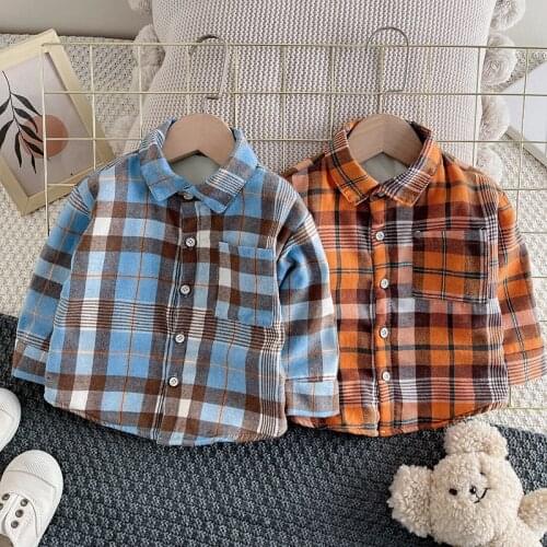 Fashion Boys Shirt Add Velcet Plaid Kids Long Sleeve Shirts Childrens Cotton Clothes Baby Boy Girls Thicken Blouses Velvet Tops