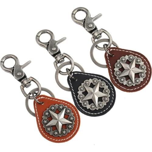 Fashion Vintage Star Keychain Retro Metal Rings Charm Genuine Leather Men Women Bag Accessories Car Keys Chain Punk Jewelry Gift