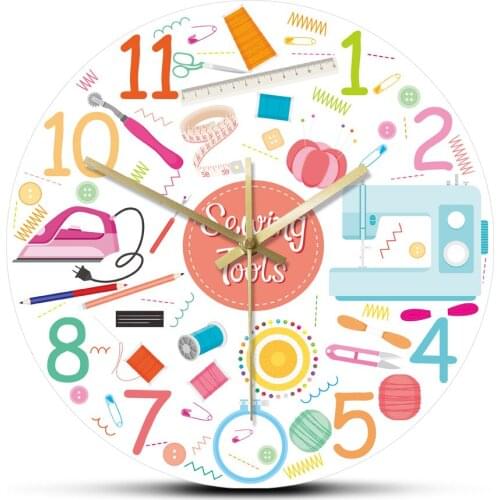 Sewing Kit Work Tools Icons Set Acrylic Printed Wall Clock Knitting Sewing Craft Stitching Machine Wall Watch Tailor Shop Decor