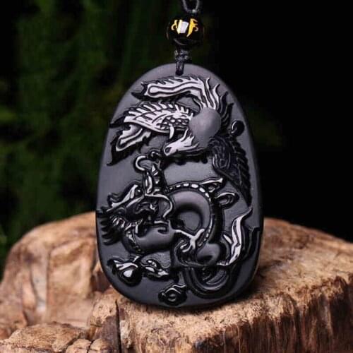 Wholesale Natural Obsidian Dragon Phoenix Pendant Necklace Man Exquisito Jewellery Fashion Accessories Hand-Carved Luck Amulet