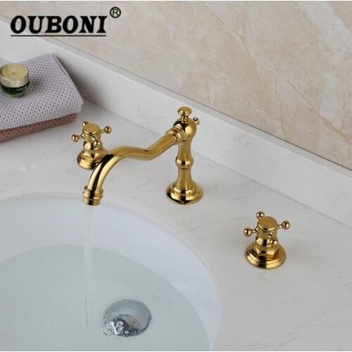 OUBONI Golden Polished Bathtub Swivel Spout Solid Brass 3 Pcs Double Handles Bathroom Basin Sink Brass Faucet Mixer Tap