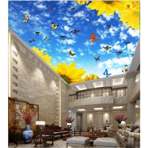 Custom ceiling wallpaper for walls 3 d mural Fashion Beautiful blue sky and white clouds butterfly ceiling mural decoration