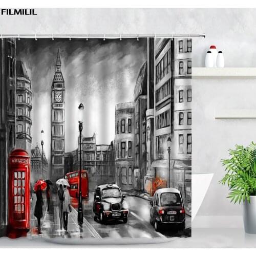 Retro Oil Painting London Shower Curtains Red Telephone Booth Big Ben Building Street Scenery Fashion Home Decor Bathroom Screen
