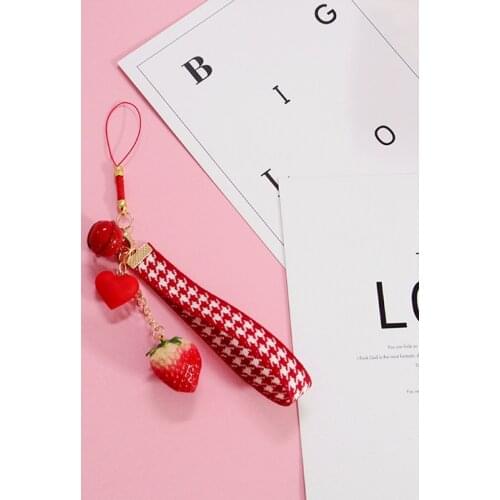 Heart simulation Strawberry key chain phone pendant Ribbon tassel keychains pompom cute keychain