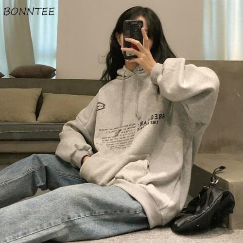 Harajuku Sweatshirt Women Chic Street Style Simple Letter Hooded Fall Thicker Teen Hoodies All-match Leisure Retro Lady Clothing