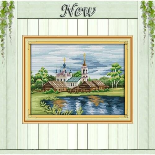 View in riverside Scenery Home Wall Decor,Counted print on canvas DMC 14CT 11CT DIY Cross Stitch Needlework kits Embroidery Sets