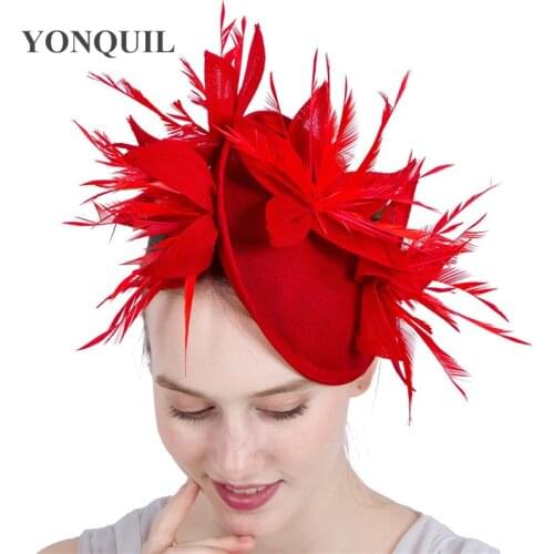 New Red Imitation Sinamay Fascinators Elegant Ladies Feather Floral Hat Hairclips British Wedding Party Derby Hair Accessories