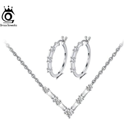 ORSA JEWELS Silver 925 Necklaces Earrings Jewelry Sets for Female Simple Elegant Jewelry Anniversary Wedding Party Gift OSS55