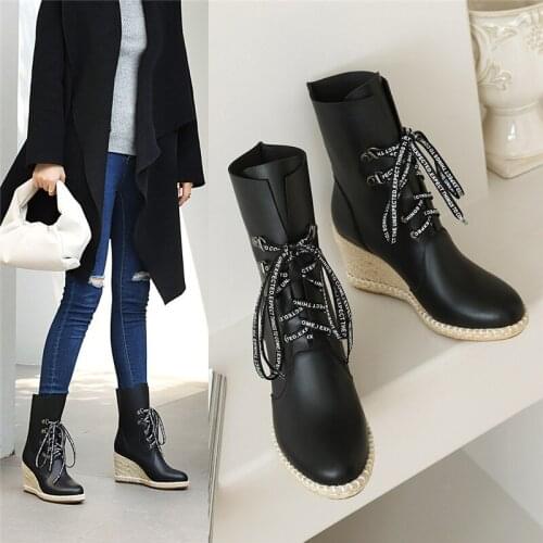 YMECHIC 2020 Autumn Spring Wedge High Heel Lace Up Boots Letter Cross Strap White Black Biker Ankle Boots Wedges Shoes for Women