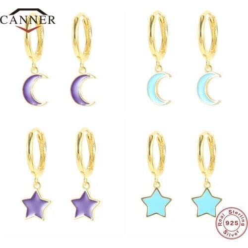 CANNER Real 925 Sterling Silver Huggie Piercing Hoop Earrings for Women Star Moon Pendant Enamel Earings Fine Jewelry Pendientes