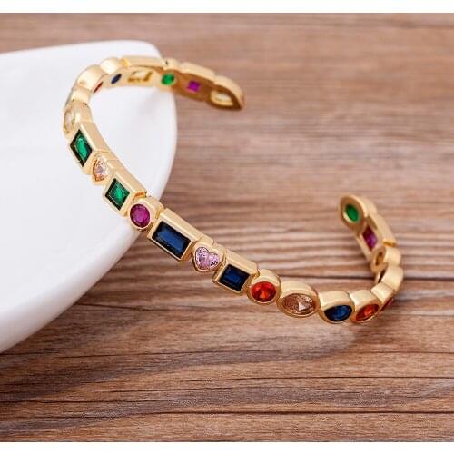 New Style Bohemia Rainbow Crystal Cuff Bangles for Women Love Heart Geometric Figure Copper Bracelet Party Fashion Jewelry Gift