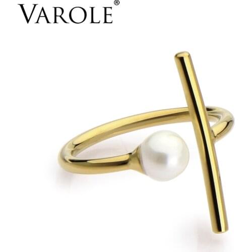 VAROLE Minimalist Line and Shell Pearl Rings Adjustable Size Gold Color Midi Rings for Women Stainless Steel Ring Anel