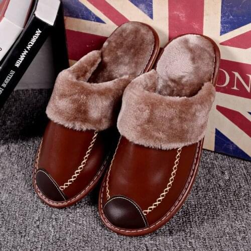 Winter Home Cotton Slippers Men and Women Indoor Couple Warm Non-Slip Thick Plush Leather PU Slippers women sandals mens shoes