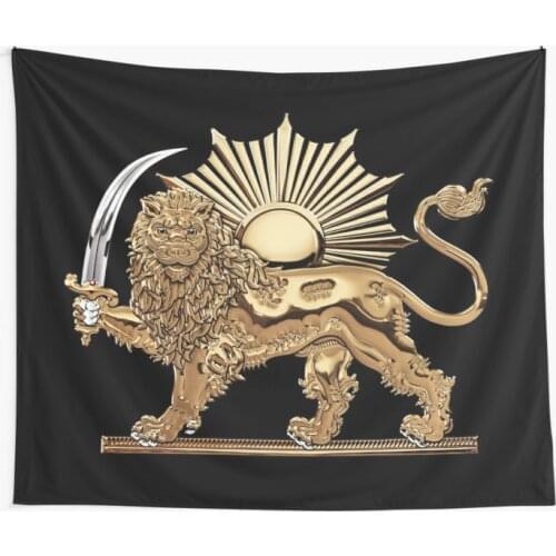 Gold Persian Lion and Sun over Black Leather Wall Tapestry Cover Beach Towel Throw Blanket Picnic Yoga Mat Home Decoration