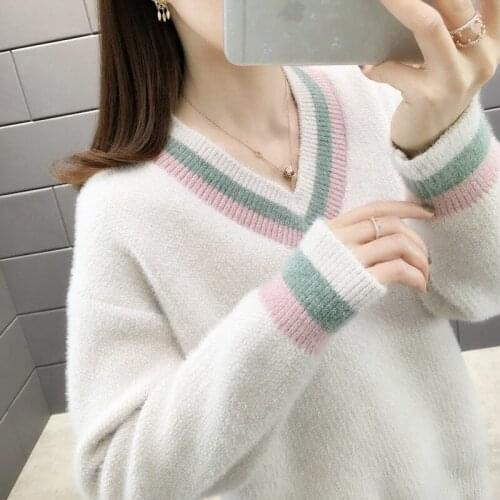 12694 (2 5 row 2) will the new imitated mink wool sweater sets v-neck color matching sweater 43