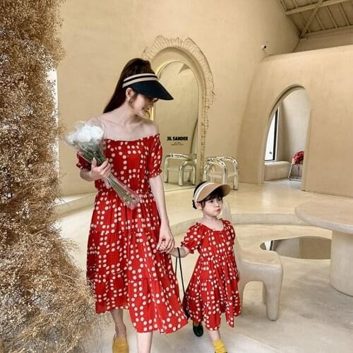 2021 Daughter and Mother Summer Parent-child Clothes Girls One-shoulder Bubble Short-sleeved Polka-dot Dress