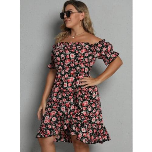 2021 Fashion Summer Holiday Beach Dress Women Slash Neck Short Sleeve Floral Ruffles Dress Plus Size Irregular Midi Dresses