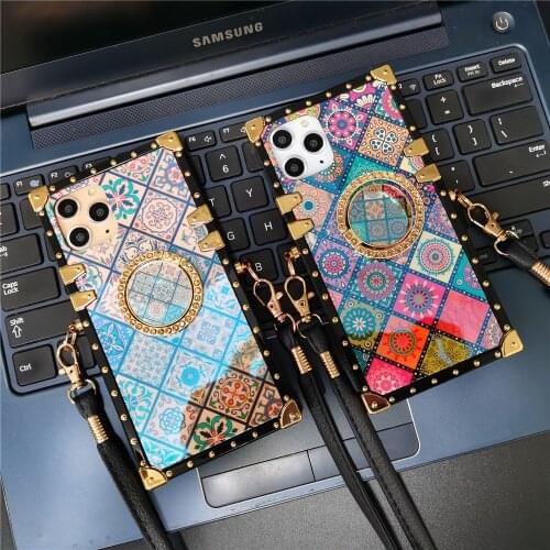 Retro Flower Glitter Plaid Square Cover Lanyard Cord Strap Case for Mate 30 PRO 40 Enjoy 20 P30 P40 P20 Honor V30 8X Y6P Y7A Y9