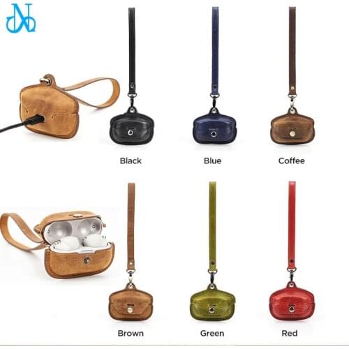 Genuine Leather Case For Sony WF-1000XM4 True Wireless Earphone Protective Case Crazy Horse Leather Cover with Leather Lanyard