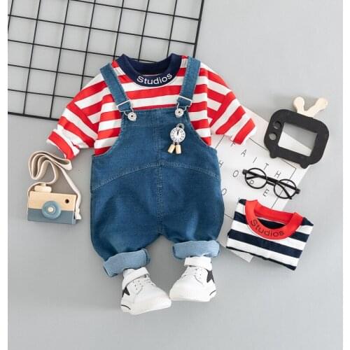 Boys Girls Autumn Spring Clothing Sets 2018 Stripe Shirt +Jeans Overalls Pants 2pcs Long Sleeve Children Clothing Suits