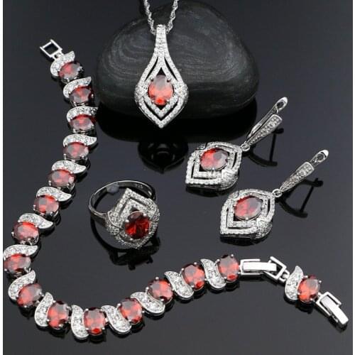 925 Silver Sets Bridal Jewelry For Women Red Cubic Zirconia Earrings Pendant Necklace Ring Bracelet Silver Kits