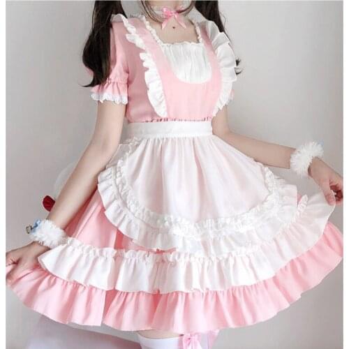 Maid Dress Japanese Style Fairy White Pink Ruffles Strap Lace Clothes Sweet Bow Girls Kawaii Costume Female Clothing Cute
