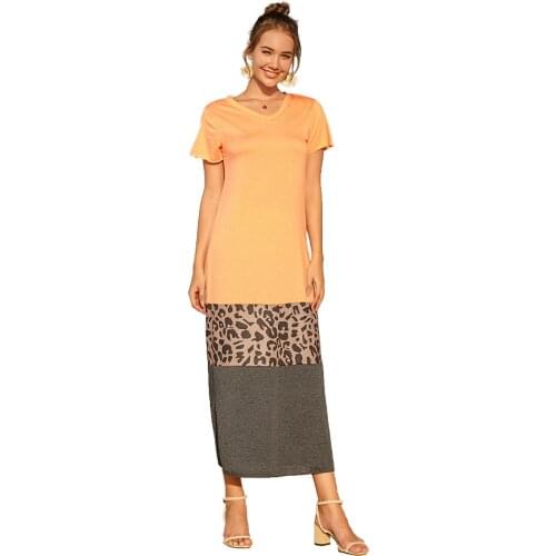 Sumer Dresses Women Casual V-Neck Short Sleeve Leopard Patchwork Maxi Dress Female Loose Waist Long Dress Vestidos Plus Size 5XL