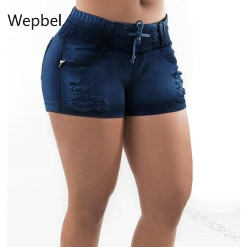 Wepbel Fashion Casual Hole Denim Pants Tight Sexy Denim Shorts Womens Elastic Waist Drawstring Plus Size Sexy Short Jeans