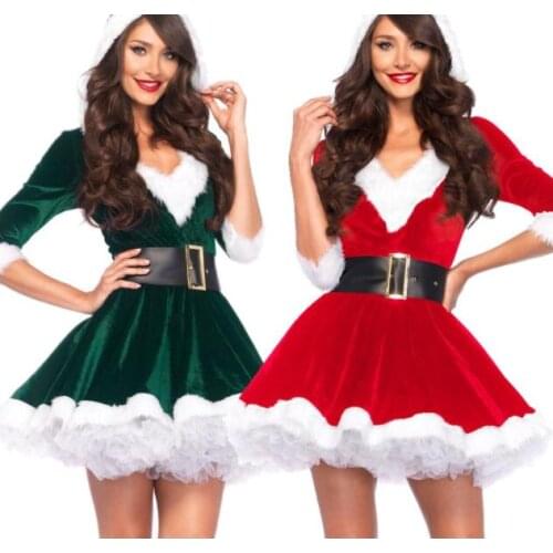 Fashion Christmas Red Half Sleeve Santa Claus Dresses Sexy Fancy Plush Hoodie Female Party Dress Cosplay Costume with Belt